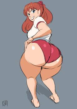 1girl ass bare_legs barefoot blue_eyes breasts brown_hair buruma butt_crack curvy full_body grey_background grin gym_uniform hand_on_own_hip highleg highleg_buruma huge_ass long_hair looking_at_viewer looking_back naughty_face neon_genesis_evangelion red_buruma shiny_clothes shirt simple_background skindentation smile smug solo source_request souryuu_asuka_langley standing two_side_up white_shirt wide_hips zestysauce