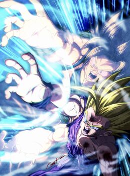 2boys blonde_hair blood blood_on_face blue_wrist_cuffs dougi dragon_ball dragonball_z father-son_kamehameha father_and_son gekiroo green_eyes highres kamehameha_(dragon_ball) male_focus medium_hair multiple_boys muscular muscular_male open_mouth pants purple_pants purple_shirt red_sash sash scene_reference screaming shirt signature son_gohan son_goku spiked_hair super_saiyan super_saiyan_1 super_saiyan_2 torn_clothes torn_shirt wrist_cuffs