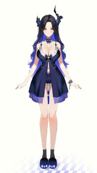 Rule 34 | 1girl, absurdres, ankle socks, asymmetrical horns, bare arms, bare shoulders, black flower, black hair, black horns, black socks, blue bow, blue hair, blue nightgown, blue shorts, blue slippers, bow, breasts, choker, cleavage, closed mouth, colored inner hair, commentary, demon horns, design speculation, english commentary, flower, frilled nightgown, full body, heart, highres, hololive, hololive english, horn flower, horns, jailbird (nerissa ravencroft), large breasts, looking at viewer, mole, mole on thigh, mole under eye, multicolored hair, navel, nerissa ravencroft, nightgown, red eyes, short shorts, shorts, sleepwear, slippers, socks, solo, standing, straight-on, tachi-e, thekaiyip, two-tone hair, uneven horns, virtual youtuber, wavy hair, white choker