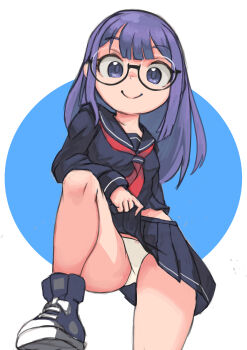 1girl absurdres black-framed_eyewear blue_eyes blue_hair blue_serafuku blunt_bangs bow bow_panties closed_mouth clothes_lift dot_nose double-parted_bangs glasses highres leg_up lifting_own_clothes long_hair looking_at_viewer midriff_peek neckerchief okera original panties pleated_skirt red_neckerchief round_eyewear school_uniform serafuku sidelocks simple_background skirt skirt_lift smile solo underwear white_background white_panties