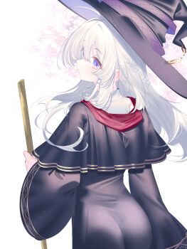1girl ass benio_(dontsugel) black_hat broom commentary_request elaina_(majo_no_tabitabi) floating_hair from_behind hat highres holding holding_broom long_hair long_sleeves looking_at_viewer looking_back majo_no_tabitabi parted_lips simple_background solo white_background white_hair wide_sleeves witch witch_hat