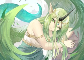 1girl absurdres bare_arms bare_shoulders breasts commentary dragon_girl dragon_tail english_commentary fire_emblem fire_emblem_echoes:_shadows_of_valentia green_hair green_tail green_wings hair_wings highres horns kaphrin medium_breasts mila_(fire_emblem) nintendo pointy_ears single_horn smile solo tail very_long_fingernails wings