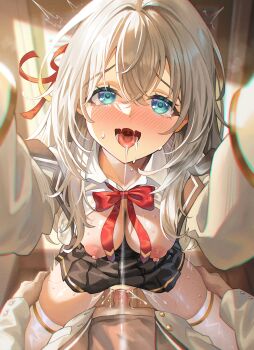 1boy 1girl :d absurdres after_kiss ahoge alisa_mikhailovna_kujou blue_eyes blush bow bowtie breasts breasts_out clothed_sex commentary_request couple drooling ecstasy elocca hair_between_eyes hair_ribbon hands_on_another&#039;s_thighs happy heart heart-shaped_pupils hetero highres indoors jacket kuze_masachika large_breasts long_hair looking_at_viewer lovestruck mouth_drool nipples open_mouth penis pov pov_crotch pov_hands red_bow red_bowtie red_ribbon ribbon school_uniform seiren_academy_school_uniform sex shirt skirt smile solo_focus straight-on symbol-shaped_pupils thighhighs tokidoki_bosotto_roshia-go_de_dereru_tonari_no_alya-san uncensored vaginal white_hair white_thighhighs zettai_ryouiki