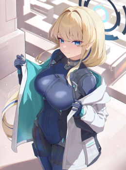 Rule 34 | 1girl, absurdres, blonde hair, blue archive, blue bodysuit, blue eyes, blue halo, bodysuit, breasts, closed mouth, commentary, halo, highres, jacket, korean commentary, long hair, looking at viewer, mahou gnome, medium breasts, multicolored hair, open clothes, open jacket, skin tight, smile, solo, streaked hair, toki (armed) (blue archive), toki (blue archive), very long hair