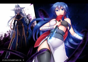 Rule 34 | 2girls, animal ears, ayame tirnanog, bikini, bikini top only, blue eyes, blue hair, borrowed character, elbow gloves, gloves, heterochromia, highres, horns, konshin, long hair, low-tied long hair, md5 mismatch, multiple girls, orie hakua, pixiv fantasia, pixiv fantasia t, swimsuit, sword, tail, thighhighs, very long hair, weapon, white hair