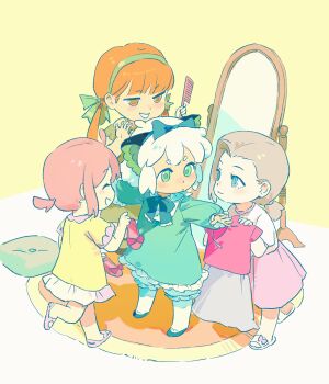 1boy 3girls absurdres aqua_bow aqua_bowtie aqua_hairband blonde_hair bloomers blue_eyes blush bow bowtie chinese_commentary closed_eyes closed_mouth comb commentary_request crossdressing crossdressing_(mtf) deformed dress expressionless frilled_dress frills full-length_mirror green_bow green_dress green_eyes green_hairband hair_bow hairband hanmaodou47529 highres holding holding_comb holding_unworn_clothes jitome leg_up long_hair long_sleeves luo_xiaobai luo_xiaohei luo_xiaohei_zhanji luye_(the_legend_of_luoxiaohei) mirror multiple_girls orange_eyes orange_hair pantyhose pillow pink_hair pink_sandals pink_skirt pink_trim sandals shanxin_(the_legend_of_luoxiaohei) shirt short_eyebrows short_hair short_sleeves skirt smile tareme trap twintails underwear v-shaped_eyebrows white_bloomers white_hair white_pantyhose white_sandals white_shirt white_skirt yellow_shirt