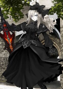 Rule 34 | 1girl, arm at side, ascot, balmung kriemhild (fate), black ascot, black boots, black dress, black gloves, black hat, blue eyes, boots, breasts, buttons, closed mouth, curtained hair, dress, fate/grand order, fate (series), feet out of frame, frilled ascot, frills, frown, game cg, gloves, hair over one eye, hand up, hat, high collar, holding, holding sword, holding weapon, konoe ototsugu, kriemhild (fate), kriemhild (first ascension) (fate), large breasts, layered dress, long hair, long sidelocks, long sleeves, looking at viewer, mole, mole under eye, official art, outstretched arm, pale skin, parted bangs, puffy long sleeves, puffy sleeves, sidelocks, solo, standing, swept bangs, sword, third-party source, v-shaped eyebrows, variant set, weapon, white hair, wide ponytail