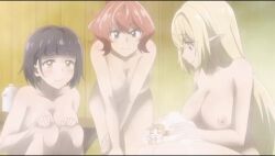 3girls animated aria_(beheneko) breasts cat elf highres keni_(beheneko) large_breasts leaning_forward looking_at_another marietta_(beheneko) multiple_girls nipples nude pointy_ears s-rank_monster_no_&quot;behemoth&quot;_dakedo_neko_to_machigawarete_elf_musume_no_pet_toshite_kurashitemasu sitting soap_bubbles sound squatting steam tagme tama_(beheneko) video washing_another
