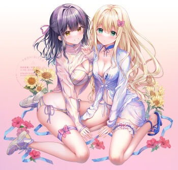 Rule 34 | 2girls, between legs, bikini, bikini under clothes, black hair, blonde hair, blue bikini, blue sandals, blush, bow, breasts, brown background, brown eyes, cleavage, commentary request, flower, frilled bikini, frills, gradient background, green eyes, hair between eyes, hair blush, hair intakes, hand between legs, hand up, high heel sandals, highres, inagaki minami, jacket, long hair, long sleeves, medium breasts, multiple girls, nanami yuuno, pink background, pink bow, pink flower, purple shoes, sandals, shoes, sitting, sleeves past wrists, sousouman, striped bikini, striped clothes, sunflower, swimsuit, twinbox school, very long hair, wariza, watermark, white background, white jacket, yellow flower