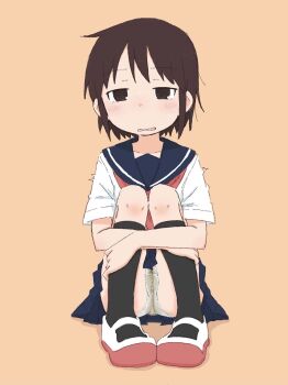 1girl black_socks blue_sailor_collar blue_skirt blush brown_eyes brown_hair cameltoe collarbone female_focus full_body half-closed_eyes have_to_pee hugging_own_legs kneehighs knees_up looking_afar matching_hair/eyes miniskirt neckerchief open_mouth orange_background original panties pee peeing peeing_self pigeon-toed pleated_skirt ponnu_(tnpn2yw) red_neckerchief red_shoes sailor_collar school_uniform serafuku shirt shoes short_hair short_sleeves sidelocks simple_background sitting skirt socks solo sweat underwear upskirt wet wet_clothes wet_panties white_panties white_shirt