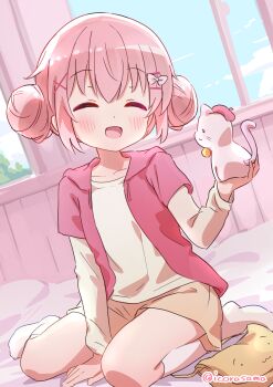 1girl :d absurdres animal between_legs blue_sky blush bow brown_shorts cat closed_eyes cloud collarbone comic_girls day double_bun eyebrows_hidden_by_hair full_body hair_between_eyes hair_bow hair_bun hair_ornament hairclip hand_between_legs happy highres holding hood hooded_jacket icorasama indoors jacket kneehighs layered_sleeves long_sleeves looking_at_viewer moeta_kaoruko no_shoes nose_blush on_bed open_clothes open_jacket open_mouth pink_hair pink_jacket shirt short_over_long_sleeves short_sleeves shorts sitting sky smile socks solo twitter_username wariza white_shirt white_socks window x_hair_ornament