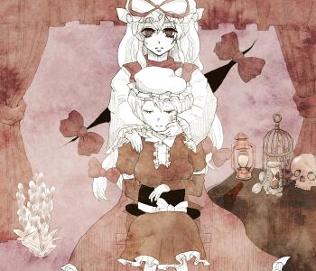 Rule 34 | 2girls, black hat, bow, check commentary, closed eyes, closed mouth, collared dress, commentary request, contrast collar, curtains, dinotodon, dress, frilled dress, frilled sleeves, frills, gap (touhou), hair bow, hand on another's chin, hat, hat bow, holding another's hat, hourglass, long sleeves, maribel hearn, multiple girls, red bow, red ribbon, ribbon, sitting, skull, sleeve garter, smile, standing, tabard, touhou, white bow, white dress, wide sleeves, yakumo yukari, yukari is merry theory (touhou)