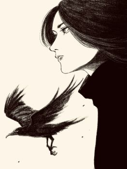 1girl animal bird black_hair black_shirt crow from_side greyscale highres long_hair looking_to_the_side monochrome original shirt solo tp_p_pt white_background