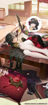 Rule 34 | 1girl, artist request, black dress, black hair, blush, bottle, breasts, cherry blossoms, cup, dress, girls' frontline, girls' frontline 2: exilium, gun, hair flowing over, hair spread out, highres, long hair, official art, official wallpaper, pillow, ppsh-41, red eyes, sakura (girls' frontline 2), shoes, socks, solo, submachine gun, type 100 (girls' frontline), type 100 (tale of the butterflies) (girls' frontline), weapon, white shoes, white socks, wine bottle