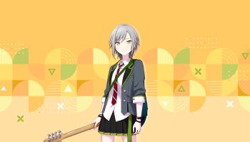 1girl bass_guitar black_skirt bracelet closed_mouth collared_shirt colored_inner_hair colorful_palette game_cg green_eyes grey_hair grey_jacket highres hinomori_shiho holding holding_bass_guitar holding_instrument instrument jacket jewelry multicolored_hair necktie official_art open_clothes open_jacket pleated_skirt project_sekai red_necktie shirt short_hair skirt smile solo star_(symbol) striped_necktie third-party_source triangle white_shirt