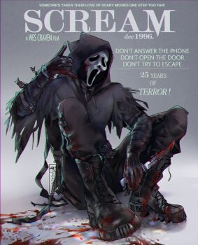 1boy absurdres black_boots black_gloves black_shirt blood blood_on_clothes blood_on_hands blood_splatter bloody_knife blouse boots dagger english_text full_body ghostface gloves highres holding holding_dagger holding_knife holding_weapon hood hood_up knife long_sleeves looking_at_viewer male_focus mask raven_(raven_bythesea) scream_(movie) shaka_sign shirt sitting solo tagme weapon