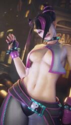 1girl 3d animated audible_speech black_hair capcom crazy_smile female_focus fingerless_gloves game_screenshot gloves han_juri highres japanese_audio looking_at_viewer multicolored_hair pink_hair purple_eyes smile solo sound street_fighter street_fighter_6 teeth video
