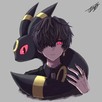 1boy black_hair black_shirt closed_mouth commentary_request earrings gen_2_pokemon grey_background grey_nails grey_necktie hair_over_one_eye highres jewelry male_focus necktie nintendo on_shoulder pokemon pokemon_(creature) pokemon_on_shoulder red_eyes ring shirt short_hair signature simple_background solo umbreon upper_body zeni_maru