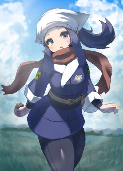 Rule 34 | 1girl, akari (pokemon), black hair, black pantyhose, black shirt, blush, cloud, commentary, day, field, grass, grey eyes, hana chokorin, headscarf, highres, hisuian poke ball, holding, holding poke ball, jacket, long hair, looking at viewer, nintendo, open mouth, outdoors, pantyhose, poke ball, pokemon, pokemon legends: arceus, red scarf, scarf, shirt, sidelocks, skirt, sky, solo