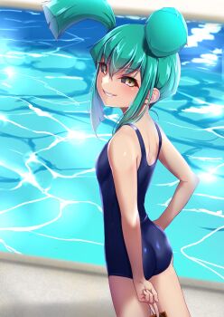 1girl aqua_hair ass black_sclera breasts colored_sclera dark_persona dark_signer grin highres looking_at_viewer luca_(yu-gi-oh!) muto_dt petite pool poolside school_swimsuit small_breasts smile solo swimsuit trading_card twintails yellow_eyes yu-gi-oh! yu-gi-oh!_5d's