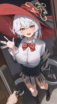 1boy 1girl \||/ absurdres black_bra black_hat black_jacket black_skirt black_socks blue_archive blush bow bowtie bra bra_peek braid breasts bright_pupils brown_shoes button_gap cleavage crossed_bangs diagonal-striped_bow diagonal-striped_bowtie diagonal-striped_clothes doorway eri_(blue_archive) fingernails grey_hair hair_between_eyes halo hat heart highres jacket jacket_partially_removed jewelry kneehighs large_breasts long_hair looking_at_viewer multiple_rings open_door orange_eyes pleated_skirt pov_doorway red_bow red_bowtie rega ring school_uniform shirt shirt_tucked_in shoes single_braid skirt smile socks striped_bow striped_bowtie striped_clothes teeth underwear upper_teeth_only very_long_hair white_pupils white_shirt witch_hat