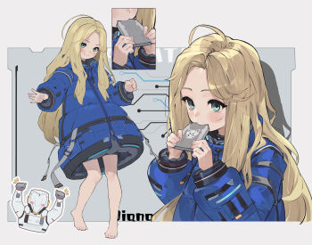 1boy 1girl ahoge aqua_eyes bare_legs barefoot blonde_hair blue_jacket blush child closed_mouth coat commentary diana_(pragmata) eating eating_non-food english_commentary forehead highres holding hugh_williams jacket long_hair long_sleeves multiple_views padded_coat parted_bangs pragmata puffy_long_sleeves puffy_sleeves toes wuzhu_nis