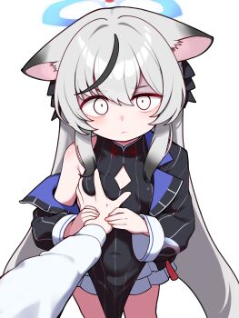 1boy 1girl above-cleavage_cutout absurdres animal_ears black_dress black_jacket black_streaks blue_archive blue_halo blush breasts closed_mouth clothing_cutout commentary covered_navel diamond_cutout dot_nose dress frilled_skirt frills glaring grabbing_another&#039;s_breast grey_hair groping guided_breast_grab guiding_hand halo hand_on_another&#039;s_chest hands_up highres holding_another&#039;s_hand jacket kokona_(blue_archive) layered_skirt lk149 loli long_hair long_sleeves looking_at_viewer multicolored_hair off_shoulder pov pov_hands shaded_face shirt sidelocks simple_background single_bare_shoulder skirt small_breasts standing streaked_hair striped_clothes striped_dress striped_jacket thighs vertical-striped_clothes vertical-striped_dress vertical-striped_jacket very_long_hair white_background white_shirt white_skirt