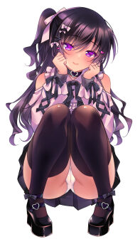 Rule 34 | 1girl, black choker, black ribbon, black shoes, black skirt, black thighhighs, bow, cameltoe, choker, clothing cutout, hair bow, hair ornament, heart, heart choker, heart hair ornament, highres, ichiyou moka, jirai kei, panties, pantyshot, pink shirt, ribbon, saimin kanojo (ichiyou moka), shirt, shoes, shoulder cutout, skirt, solo, takanashi iori (ichiyou moka), thighhighs, underwear, white background, white bow, white panties