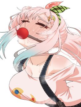 1girl absurdres airani_iofifteen airani_iofifteen_(1st_costume) ball_gag ball_gag_progress_bar_(meme) blush breasts closed_eyes denim denim_overalls full-face_blush gag gagged hashtag-only_commentary highres hololive hololive_indonesia large_breasts long_hair meme palette_hair_ornament pink_hair pink_shirt shirt side_ponytail sweat virtual_youtuber washi_(bbywashi) white_background