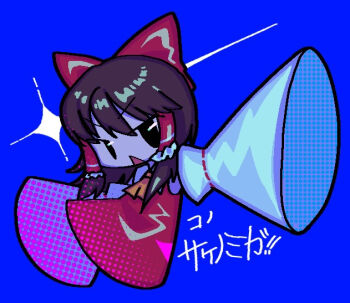 1girl ascot black_eyes blue_background bow brown_hair commentary_request cookie_(touhou) detached_sleeves dress frilled_hair_tubes frills full_body hair_bow hair_tubes hakurei_reimu looking_at_viewer melanin_shikiso open_mouth red_bow red_dress ribbon-trimmed_sleeves ribbon_trim sakenomi_(cookie) sidelocks simple_background solo touhou translation_request triangle_mouth v-shaped_eyebrows white_sleeves yellow_ascot
