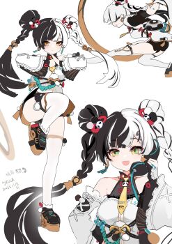 1girl artist_name bare_shoulders black_hair black_shoes braid braided_twintails chakram china_dress chinese_clothes closed_mouth collarbone corded_phone dated detached_sleeves dialyn_(zenless_zone_zero) double_bun dress earrings from_side full_body gloves hair_bun hair_extensions hair_ornament hairclip hand_on_own_hip hashtag-only_commentary highres holding holding_phone id_card jewelry kkkula_(kula) long_hair looking_at_viewer multicolored_hair multiple_views necktie open_mouth palm-fist_greeting panda_hair_ornament partially_fingerless_gloves pelvic_curtain phone ring_hair_extensions shoes simple_background smile sparkling_eyes split-color_hair standing standing_on_one_leg thighhighs upper_body weapon white_background white_dress white_hair white_thighhighs wire yellow_eyes yellow_necktie zenless_zone_zero