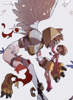 2girls angewomon armor bare_shoulders bodysuit breasts brown_hair digimon digimon_adventure_02 feathered_wings feathers fusion futa_yuri_ryona grey_background highres large_breasts multiple_girls nefertimon pink_shirt shirt short_hair shorts simple_background two-tone_shirt white_bodysuit white_feathers white_shirt white_wings wings yagami_hikari yellow_shorts