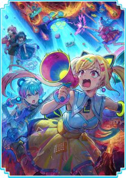 5girls ahoge alien artist_request bang_dream! bang_dream!_mugendai_mewtype black_skirt blonde_hair blue_dress blue_hair blush breasts candy cleavage cow crop_top dress electric_guitar food fuji_miyako guitar hair_ornament hairclip highres holding holding_guitar holding_instrument holding_megaphone holding_plectrum instrument jacket key_visual leg_warmers long_hair macaron medium_breasts megaphone meteor minetsuki_ritsu miyanaga_nonoka mugendai_mewtype multicolored_hair multiple_girls nakamachi_arale official_art open_mouth pink_eyes pink_jacket pink_skirt plectrum promotional_art purple_hair red_eyes sengoku_yuno skirt twintails two-tone_hair ufo virtual_youtuber white_hair yellow_leg_warmers yellow_skirt