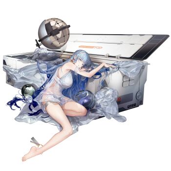 Rule 34 | 1girl, artist request, barefoot, blue eyes, blue hair, breasts, check artist, dress, game cg, girls' frontline, girls' frontline neural cloud, head rest, highres, hubble (astral brilliance) (neural cloud), hubble (neural cloud), large breasts, leaning on object, looking at viewer, official alternate costume, official art, on ground, porafree, see-through clothes, see-through dress, shipping container, sitting, solo, thigh strap, third-party source, transparent background, white dress