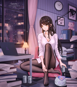 1girl analog_clock bag beer_can black_choker black_pantyhose book book_stack bra bra_peek breasts brown_hair brown_nails can character_name choker city_lights cleavage clock closed_mouth collared_shirt commentary_request computer curtains cushion drink_can ear_piercing earbuds earphones english_text expressionless hair_ornament hairclip hand_on_own_ankle highres indoors jewelry knee_up lamp laptop large_breasts long_hair long_sleeves looking_at_screen mixed-language_commentary mole mole_on_breast nail_polish necklace new_year night on_cushion open_book original paid_reward_available painting_(object) pantyhose paper partial_commentary piercing power_strip shirt shopping_bag sitting snowing solo stuffed_animal stuffed_toy table toes underwear wall_clock white_shirt window wireless_earphones yellow_eyes yuzuriha_(atelier_liang)