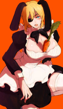 1girl animal_ears apron artist_request between_breasts blonde_hair blue_eyes blush breasts carrot character_request cleavage copyright_request eyepatch fake_animal_ears highres large_breasts lower_teeth_only maid nails one_eye_covered open_mouth orange_background sexually_suggestive solo sweatdrop teeth thighhighs