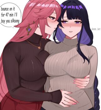2girls absurdres alternate_costume animal_ears arnkun blunt_bangs blush braid breasts brown_sweater closed_mouth colored_inner_hair commentary covered_navel earrings english_commentary english_text fingernails fox_ears fox_girl gem genshin_impact gold_earrings grey_sweater hair_between_eyes hand_around_waist highres jewelry large_breasts long_fingernails long_hair long_sleeves looking_at_another mole mole_under_eye multicolored_hair multiple_girls nail_polish necklace pants pink_hair pink_lips pink_nails purple_eyes purple_gemstone purple_hair raiden_shogun red_pants sidelocks simple_background single_braid speech_bubble standing sweater teeth turtleneck turtleneck_sweater white_background yae_miko yuri