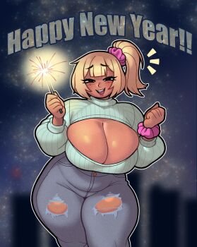 Rule 34 | 1girl, belly, blonde hair, breasts, champchidi, cleavage, cleavage cutout, clothing cutout, dark-skinned female, dark skin, denim, feet out of frame, fireworks, full body, furrowed brow, gyaru, hair ornament, hair scrunchie, half-closed eyes, hands up, happy new year, highres, holding, holding fireworks, huge breasts, jeans, light blush, long sleeves, looking at viewer, new year, night, notice lines, open mouth, original, outline, pants, pink scrunchie, plump, ribbed sweater, scrunchie, short hair, side ponytail, smile, solo, sparkler, star (sky), sweater, teeth, thick thighs, thighs, torn clothes, torn jeans, torn pants, upper teeth only, white outline, wide hips, wrist scrunchie, yona (champchidi)
