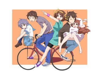 Rule 34 | 2boys, 3girls, :d, :o, ^ ^, asahina mikuru, bare legs, basket, bicycle, blue legwear, blue pants, brown eyes, brown footwear, brown hair, casual, closed eyes, d:, denim, dress, endless eight, green shirt, hair ribbon, hugging own legs, in basket, in container, knees together feet apart, koizumi itsuki, kyon, loafers, multiple boys, multiple girls, multiple riders, nagato yuki, no socks, open mouth, orange background, pants, pink dress, purple footwear, purple hair, purple shirt, ribbon, riding, school uniform, serafuku, shirt, shoes, short sleeves, shorts, sitting, sitting on lap, sitting on person, smile, suzumiya haruhi, suzumiya haruhi no yuuutsu, t-shirt, white footwear, white shirt, wristband, yellow ribbon, zuwako