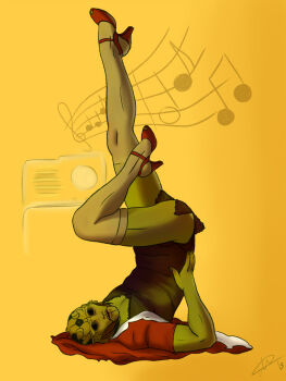 Rule 34 | alien, alternate costume, crossdressing, drell, high heels, highres, legs up, mass effect (series), music, pin up, thane krios, thanekriosaddict-blog, tumblr, yellow background