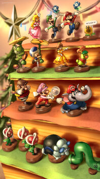 2girls 5boys blonde_hair blue_overalls blue_toad_(mario) brown_hair bubble_mario bulrush_(mario) caterpillar christmas christmas_lights christmas_tree commentary_request crown drainpipe dress drill_mario elephant elephant_mario facial_hair figure flower gloves green_hat green_shirt hat highres inchworm_pipe luigi maribou_(supermaribou) mario mario_(series) multiple_boys multiple_girls mustache nintendo orange_dress overalls pink_dress plant prince_florian princess princess_daisy princess_peach propeller_flower red_hat red_shirt shelf shirt shoes super_mario_bros._wonder talking_flower_(mario) toad_(mario) toy trottin'_piranha_plant wonder_flower yoshi