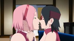 2girls age_difference animated black_hair boruto:_naruto_next_generations bug french_kiss glasses green_eyes hairband haruno_sakura highres incest indoors interior kiss kiss_focus live2d mature_female mother_and_daughter multiple_girls naruto_(classic) naruto_(series) optimystic pink_hair red_hairband saliva saliva_trail short_hair sound tongue tongue_out uchiha_sarada video yuri