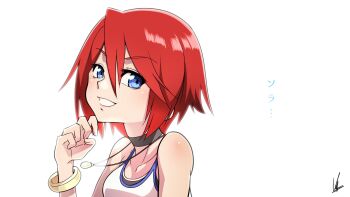 Rule 34 | 1girl, black choker, blue eyes, choker, collarbone, highres, jewelry, kairi (kingdom hearts), kingdom hearts, kingdom hearts i, looking at viewer, necklace, red hair, short hair, simple background, smile, solo, tank top, white background, yas (yosiyasuyasu)