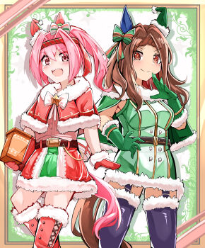 >:) :d absurdres animal_ears black_thighhighs blush boots bow box breasts brown_eyes brown_hair capelet christmas closed_mouth commentary_request dress ear_bow flower-shaped_pupils forehead fur-trimmed_boots fur-trimmed_capelet fur-trimmed_dress fur-trimmed_gloves fur-trimmed_headwear fur-trimmed_mittens fur-trimmed_skirt fur-trimmed_thighhighs fur_trim gift gift_box gloves green_bow green_capelet green_dress green_gloves green_hat hair_bow hair_intakes hairband hand_up haru_urara_(umamusume) hat highres holding holding_gift horse_ears horse_girl horse_tail king_halo_(umamusume) knee_boots long_hair looking_at_viewer medium_breasts mini_hat mini_santa_hat mittens open_mouth parted_bangs pink_hair ponytail red_boots red_capelet red_eyes red_hairband red_hat red_mittens red_skirt santa_hat shi_(kamokamo910) shirt skirt smile star_(symbol) striped_bow symbol-shaped_pupils tail thighhighs umamusume v-shaped_eyebrows white_bow white_shirt