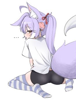 Rule 34 | ..., 1girl, ahoge, animal ears, black shorts, blush, commentary request, highres, kiyeoseo, kneeling, korean commentary, long hair, looking at viewer, looking back, purple hair, purple tail, shirt, short shorts, shorts, socks, solo, stellive, striped clothes, striped socks, sweatdrop, tail, tenko shibuki, white background, white shirt, wolf ears, wolf girl, yellow eyes