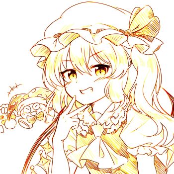 +++ 1girl :d ascot blush commentary_request flandre_scarlet frilled_shirt_collar frills grin hair_between_eyes hand_up hat hat_ribbon hatching_(texture) highres jester_cap kaoling kirby_(series) korean_commentary linear_hatching looking_at_viewer marx_(kirby) marx_(true_form)_(kirby) medium_hair mob_cap monochrome nintendo open_mouth puffy_short_sleeves puffy_sleeves ribbon short_sleeves simple_background smile solo touhou v white_background yellow_theme