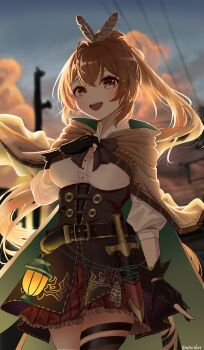 1girl :d absurdres backlighting belt black_belt black_gloves blurry blurry_background bow bowtie breasts brown_bow brown_bowtie brown_capelet brown_eyes brown_hair cape capelet cleavage cloud collared_shirt commentary feather_hair_ornament feathers gloves glowing hair_between_eyes hair_ornament highres hololive hololive_english hood hooded_capelet lantern long_hair looking_at_viewer miniskirt nanashi_mumei nanashi_mumei_(1st_costume) open_mouth pleated_skirt ponytail red_skirt shirt single_thighhigh skirt smile solo teeth thighhighs tongue upper_teeth_only virtual_youtuber weasaker white_shirt