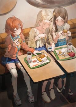 3girls :t absurdres ahoge belt blonde_hair blouse blue_overskirt blue_ribbon blue_shorts blue_skirt blunt_ends blush brown_belt brown_eyes brown_hair burger camisole cardigan chicken_nuggets churro closed_mouth cola collarbone collared_shirt colored_eyelashes commentary_request couch crane666 cup denim denim_shorts disposable_cup eating fast_food flipped_hair food food_wrapper french_fries from_above full_body gakuen_idolmaster grey_robe hair_ornament hair_rings hairclip hanami_ume hand_on_table hands_up hatsuboshi_gakuen_school_uniform high-waist_skirt highres holding holding_burger holding_food ice_cream idolmaster indoors kuramoto_china laurels leaf_hair_ornament long_hair long_skirt long_sleeves looking_at_another looking_down mcdonald's medium_hair miniskirt multiple_girls neck_ribbon on_couch parallel_hairclips parted_bangs pink_cardigan pleated_skirt red_ribbon revision ribbon robe rope_belt sauce school_uniform shinosawa_hiro shirt shoes short_sleeves shorts side_up_ring sitting skirt sneakers swept_bangs table thighhighs tray white_camisole white_shirt white_shoes white_thighhighs wide_sleeves wristband