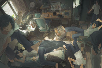 &gt;_&lt; analog_clock barefoot bed bedroom black_hair boombox bottle clock closed_eyes computer computer_keyboard desk desk_lamp different_reflection handheld_game_console highres indoors jumping lamp laptop mirror nintendo_3ds nintendo_switch open_mouth original pants pillow plant potted_plant reflection sequential_exposures shdpska368 shirt short_sleeves sitting sleeping spray_bottle standing stretching t-shirt unconventional_guitar white_shirt window wooden_floor