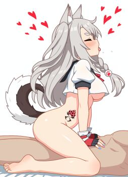 1boy 1girl animal_ear_fluff animal_ears azur_lane barefoot black_fur blue_nails blush bottomless breasts closed_eyes clothed_female_nude_male commentary_request completely_nude cowgirl_position dog_ears dog_girl dog_tail fingerless_gloves gloves grey_hair hetero highres large_breasts long_hair multicolored_fur nude open_mouth pink_nails red_gloves sbeve2004 sex shirt short_sleeves simple_background solo straddling tail tattoo thick_eyebrows tongue tongue_out variant_set white_background white_fur white_shirt yuudachi_(azur_lane)